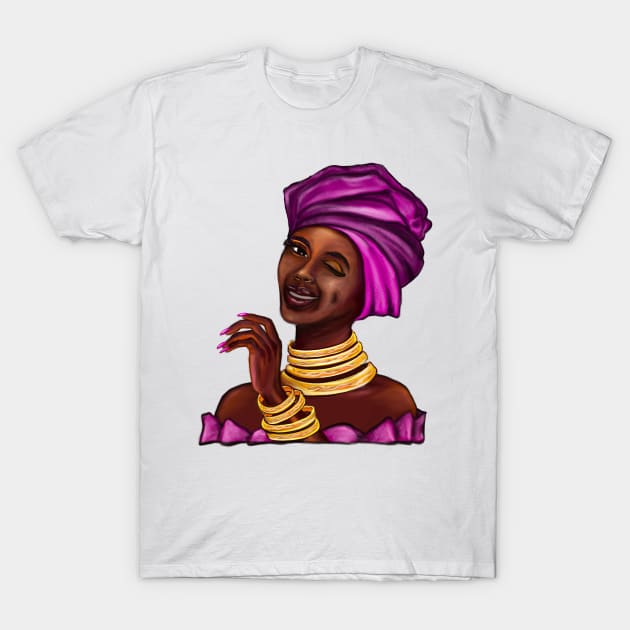 Queen wink side eye Black is beautiful black girl with Gold bangles, neck ring necklace, purple dress and head wrap, brown eyes and dark brown skin ! T-Shirt by Artonmytee